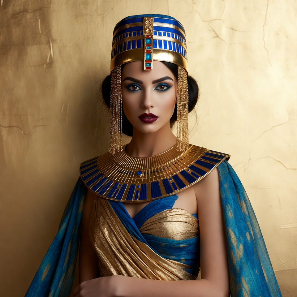 Egyptian Cleopatra Woman in Gold Blue Costume Egyptian Cleopatra Woman in Gold Blue Costume