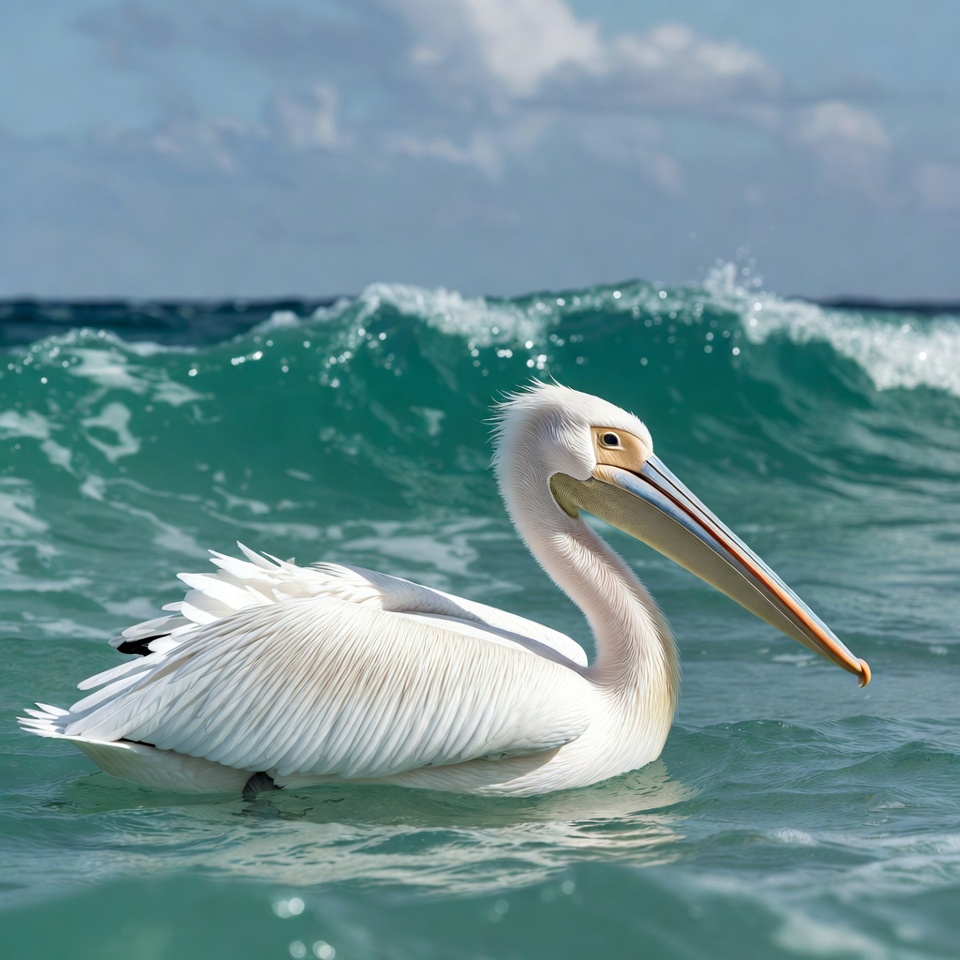 White pelican swimming in ocean waves White pelican swimming in ocean waves