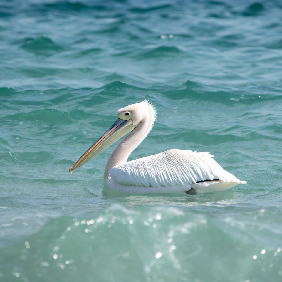 White pelican swimming in turquoise water White pelican swimming in turquoise water
