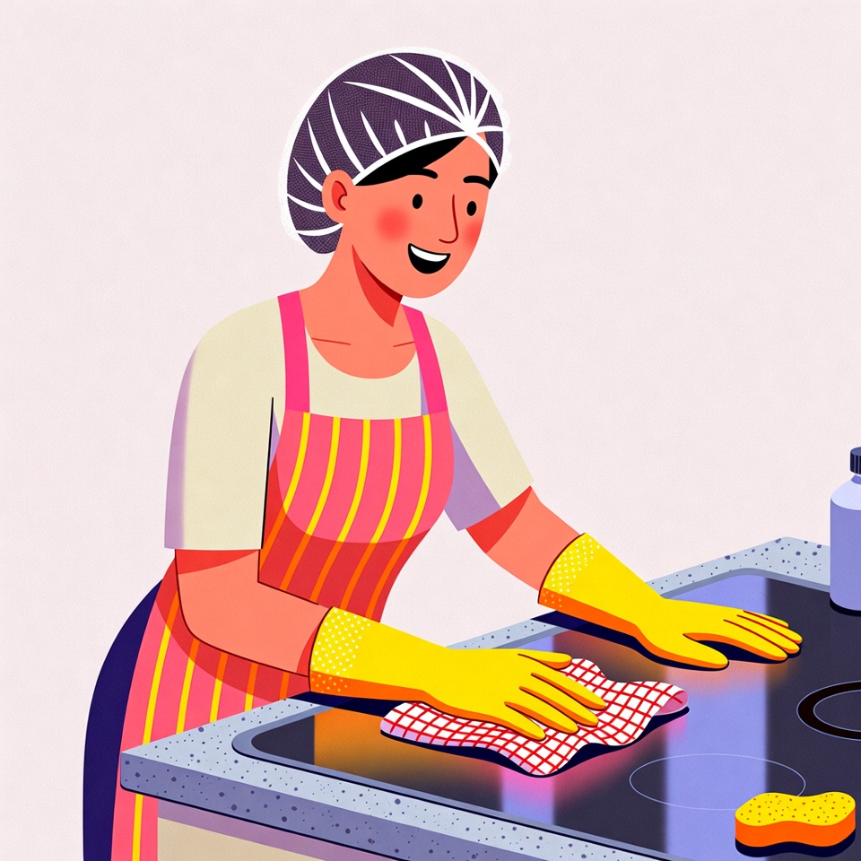 Asian woman cleaning stovetop illustration Asian woman cleaning stovetop illustration
