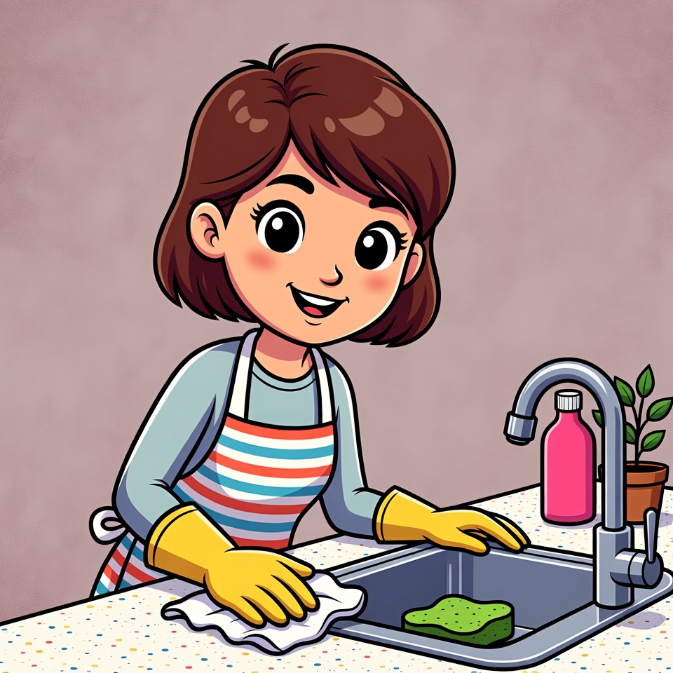 Cartoon woman washing dishes Cartoon woman washing dishes