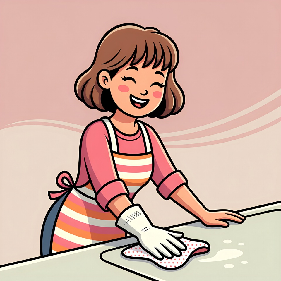 Cartoon woman cleaning kitchen counter Cartoon woman cleaning kitchen counter