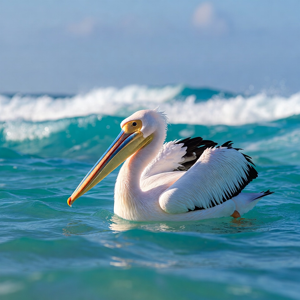 White pelican swimming in ocean waves White pelican swimming in ocean waves