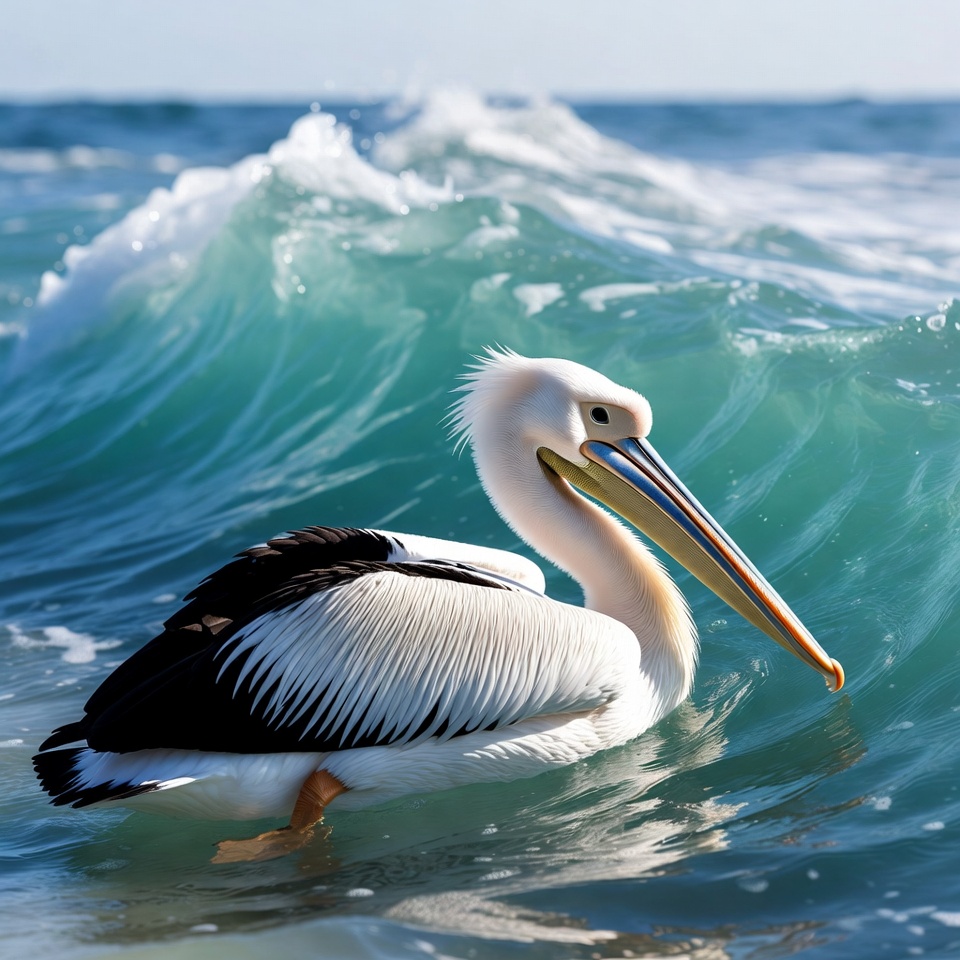 Pelican swimming in ocean waves Pelican swimming in ocean waves