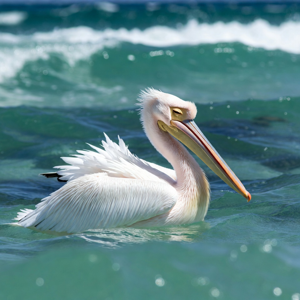 White pelican swimming in ocean waves White pelican swimming in ocean waves