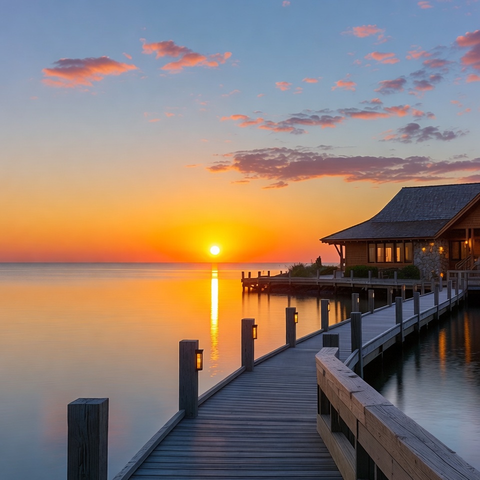 Sunset over Lake Wooden Dock Cabin Sunset over Lake Wooden Dock Cabin