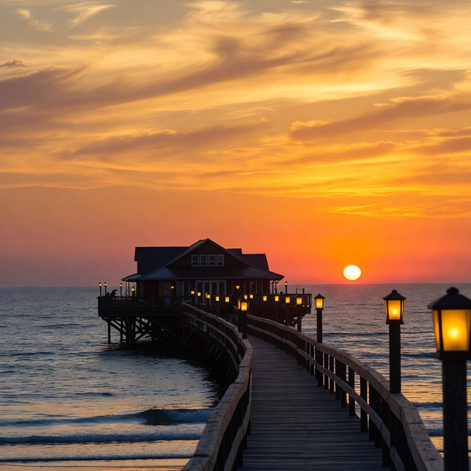 Pier House at Sunset over Ocean Pier House at Sunset over Ocean