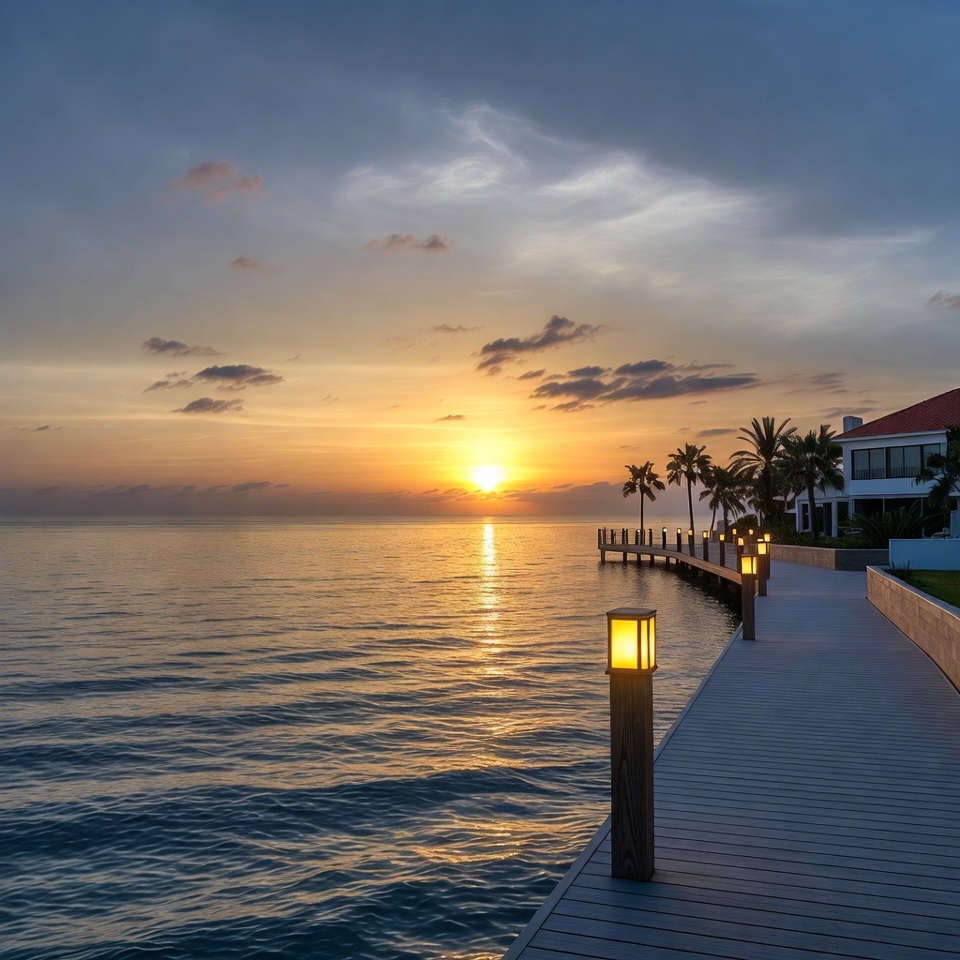 Sunset over wooden pier by ocean Sunset over wooden pier by ocean