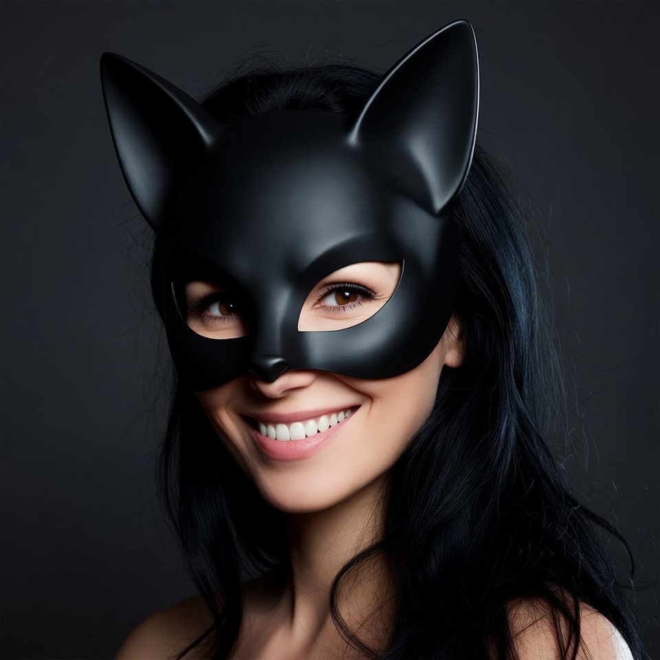 Woman smiling in black cat mask Woman smiling in black cat mask