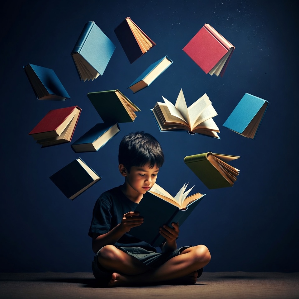 Asian boy reading surrounded by flying books Asian boy reading surrounded by flying books