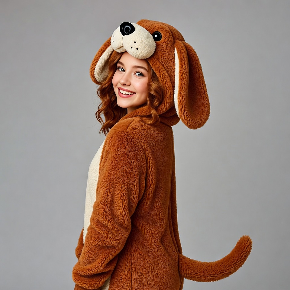 Woman in brown dog onesie costume Woman in brown dog onesie costume