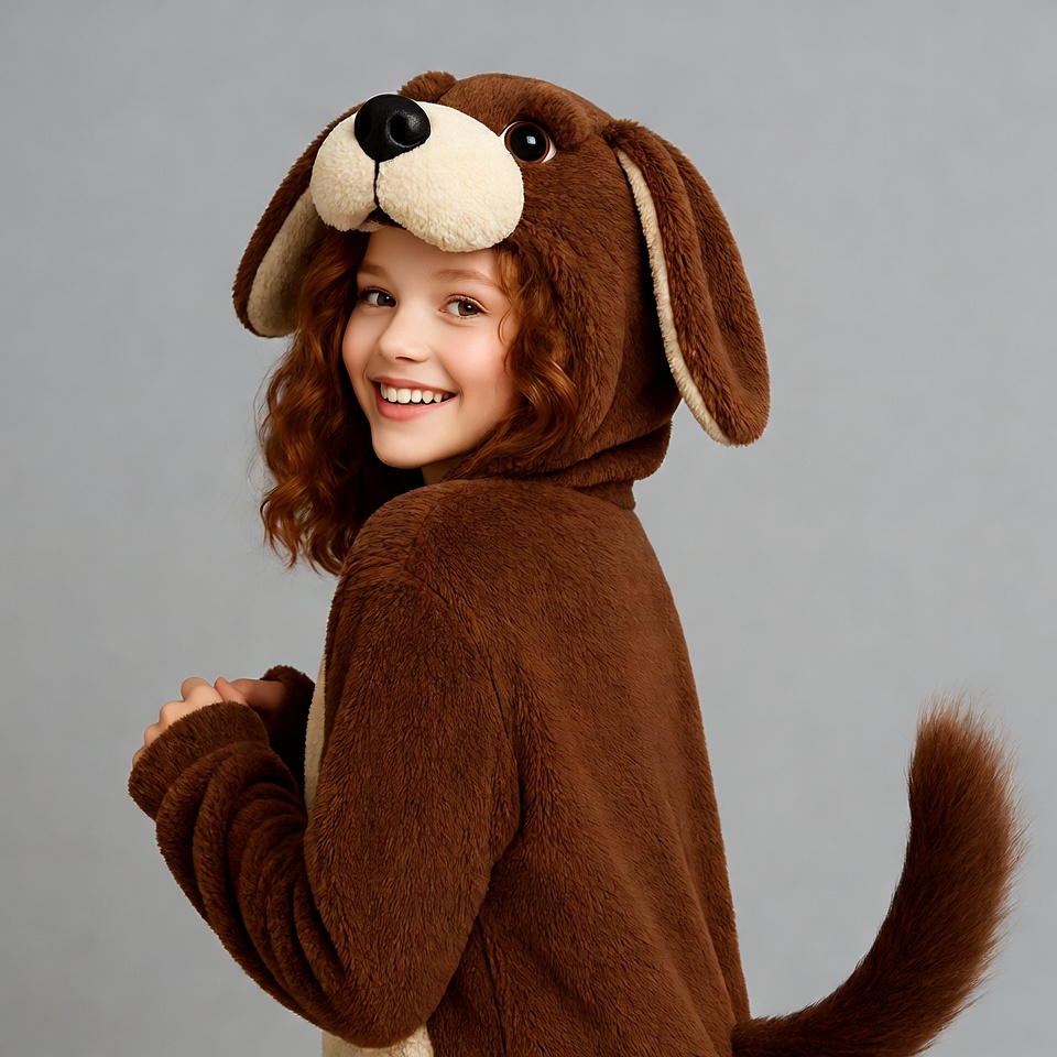 Girl in brown dog onesie costume Girl in brown dog onesie costume
