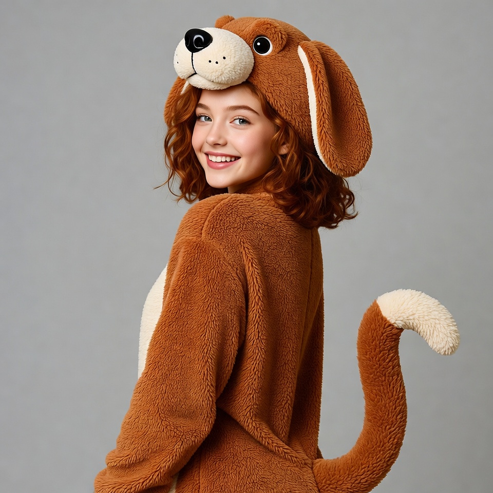 Girl in brown dog onesie costume Girl in brown dog onesie costume