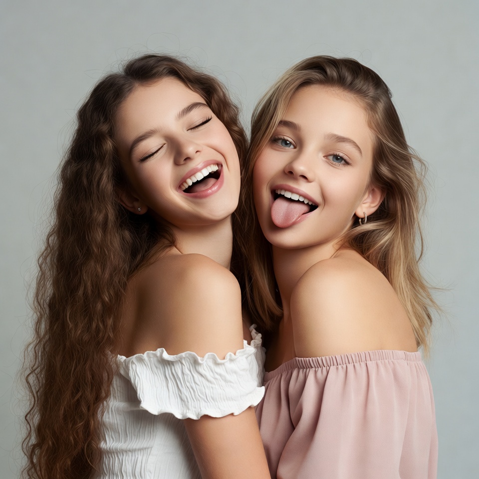 Two girls laughing sticking out tongues Two girls laughing sticking out tongues