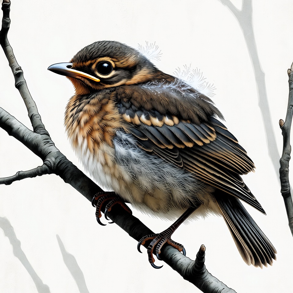 Baby American Robin on branch Baby American Robin on branch