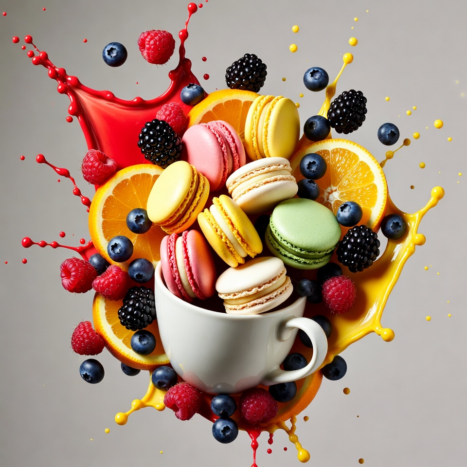 Colorful Macarons with Berries and Splashes Colorful Macarons with Berries and Splashes