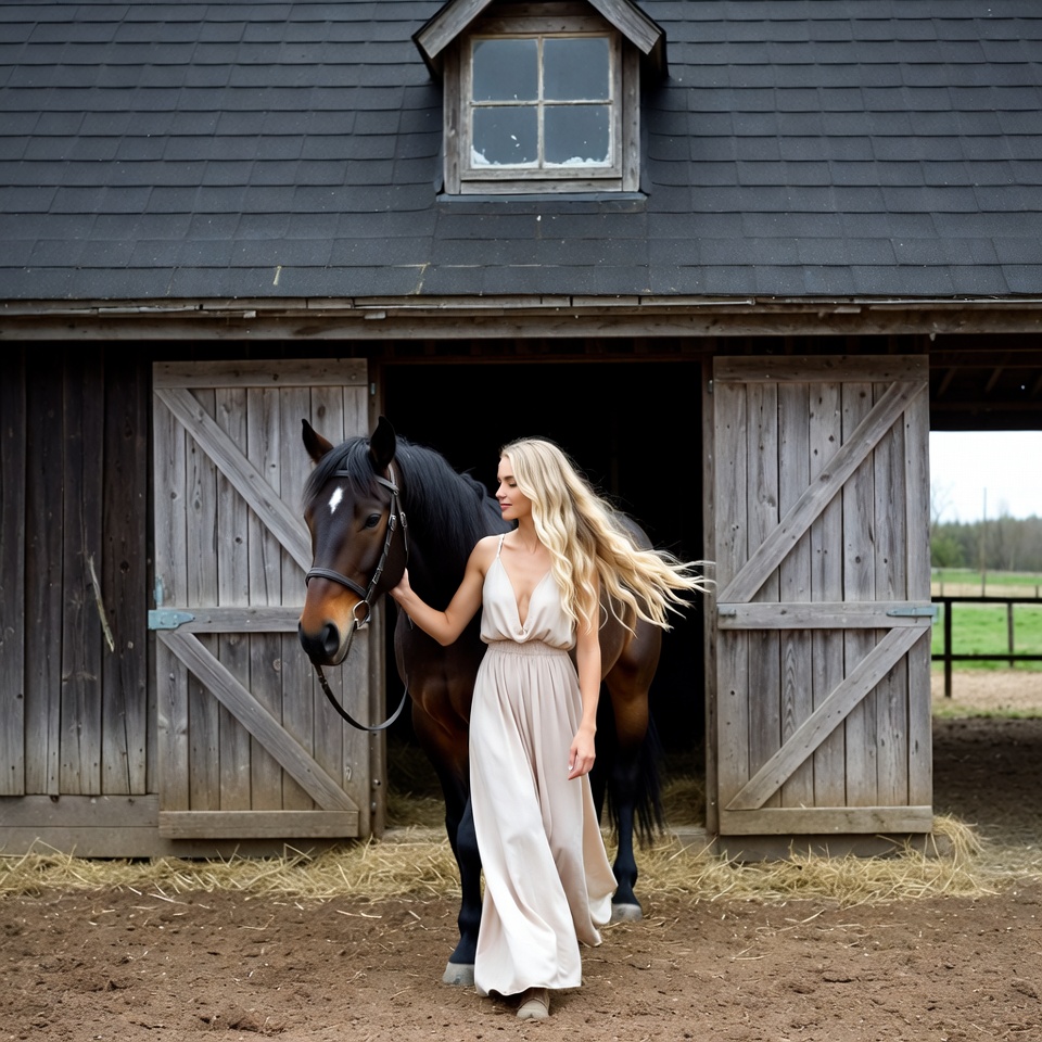 Blonde woman leading horse at barn Blonde woman leading horse at barn
