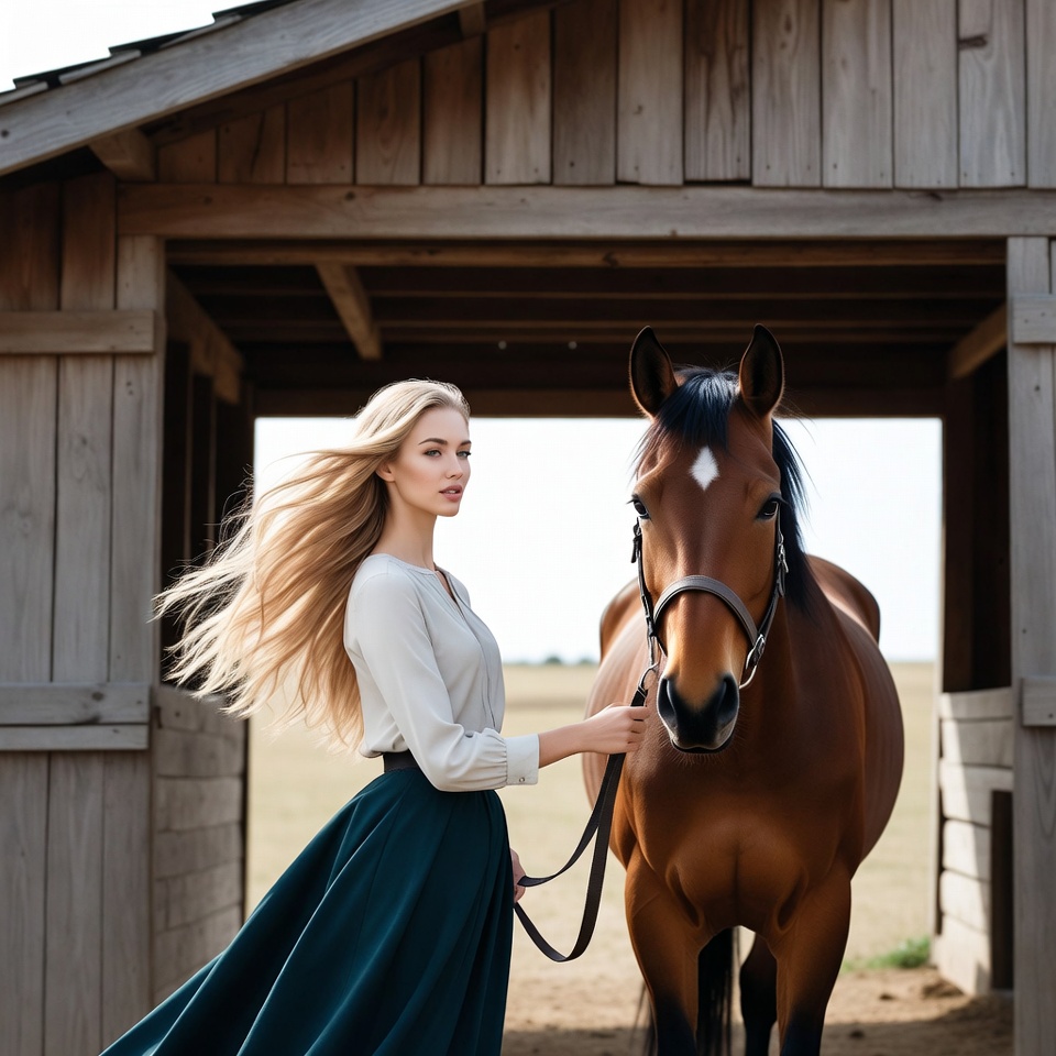 Blonde woman holding horse in barn Blonde woman holding horse in barn