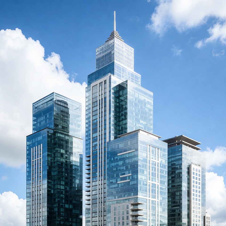 Modern glass skyscrapers under blue sky Modern glass skyscrapers under blue sky