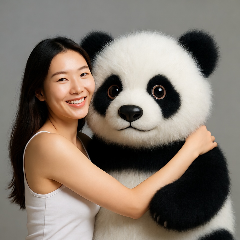 Asian woman hugging giant panda plush Asian woman hugging giant panda plush