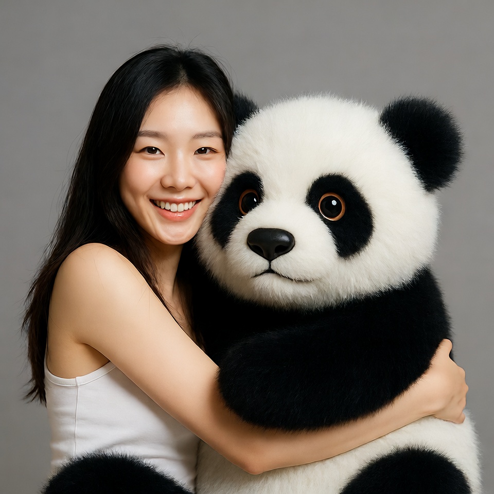Asian woman hugging giant panda plush Asian woman hugging giant panda plush