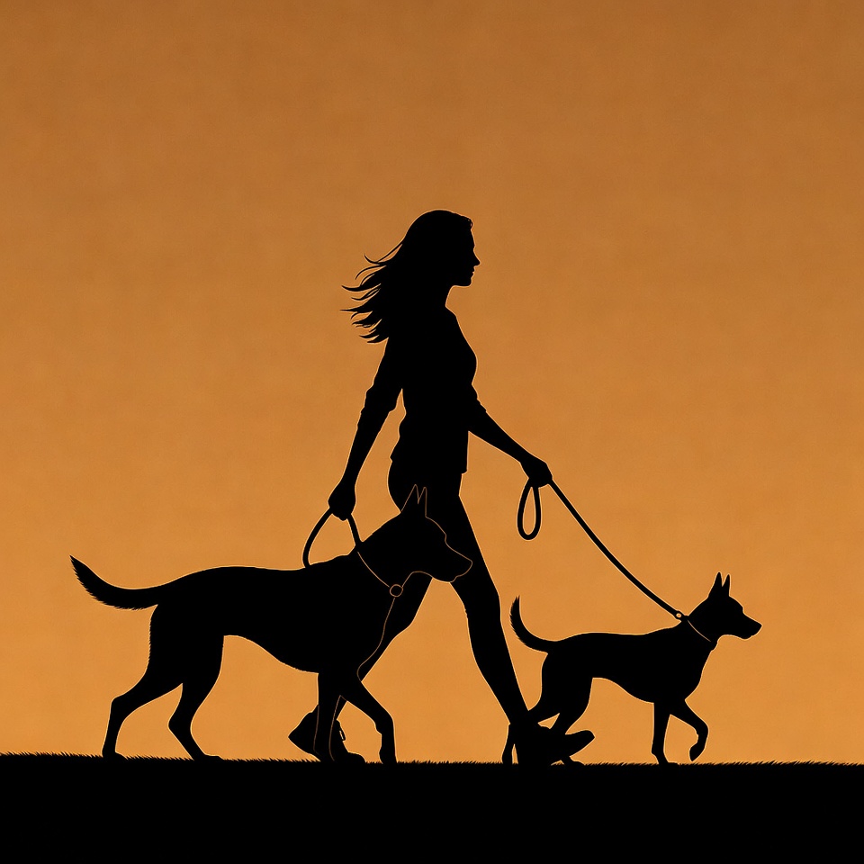 Silhouette woman walking two dogs Silhouette woman walking two dogs