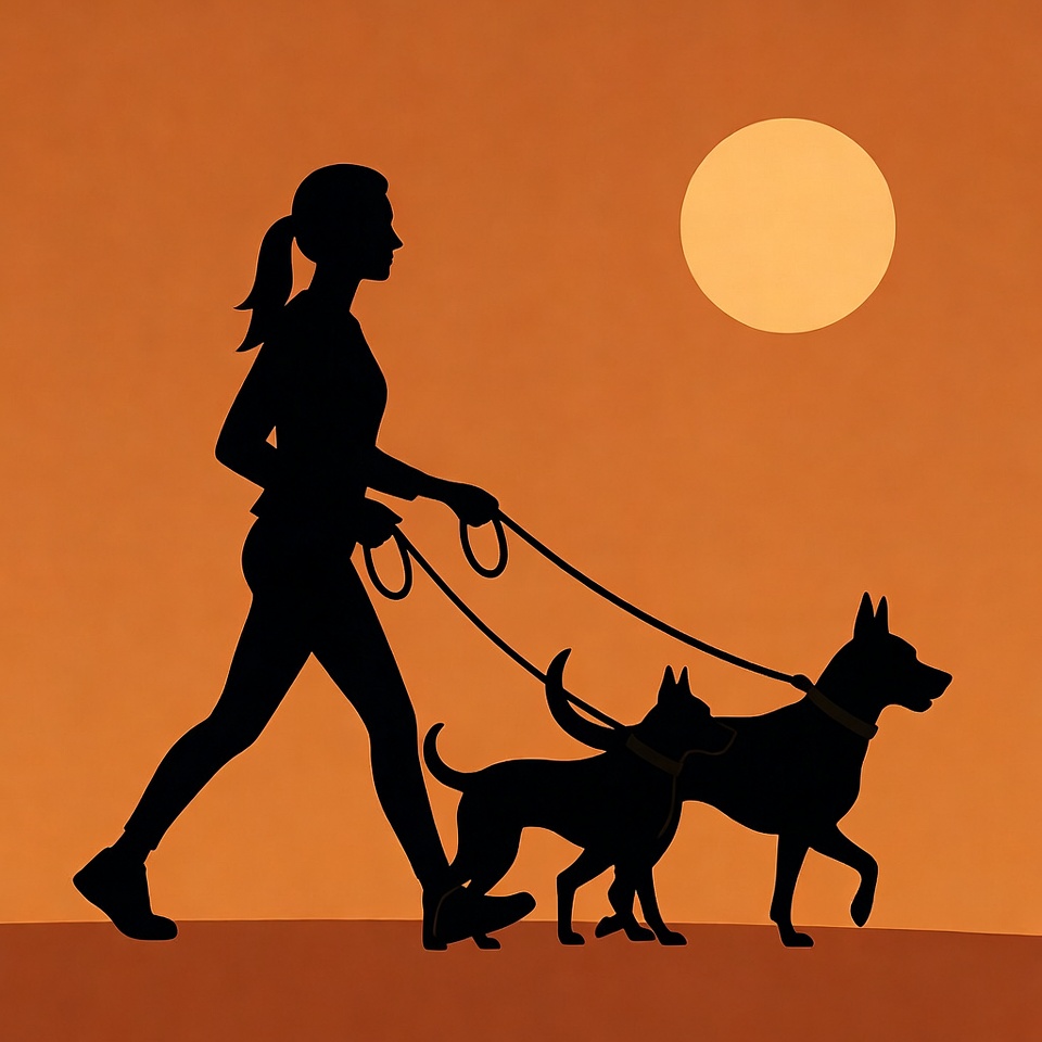 Silhouette woman walking two dogs Silhouette woman walking two dogs
