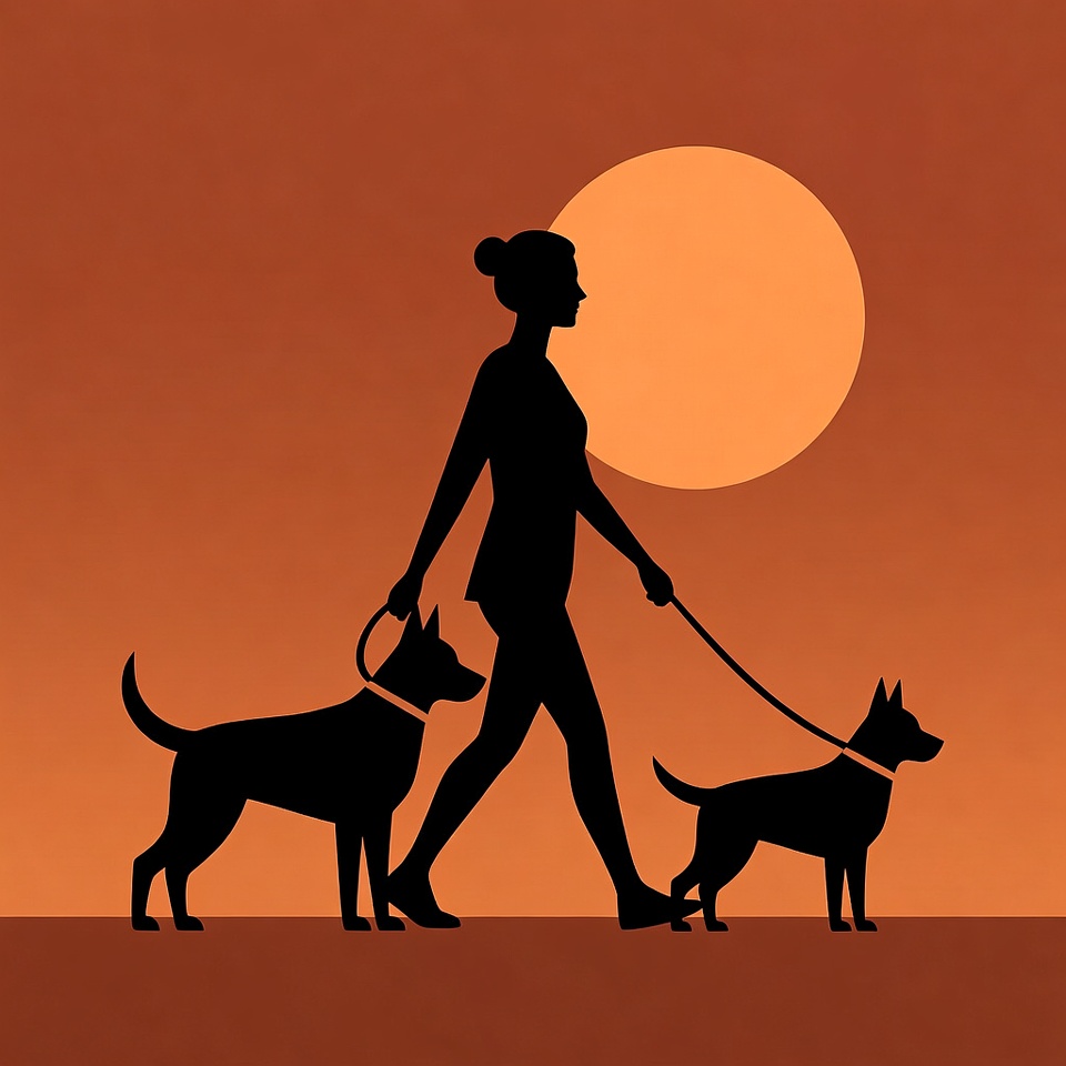 Woman walking two dogs silhouette Woman walking two dogs silhouette