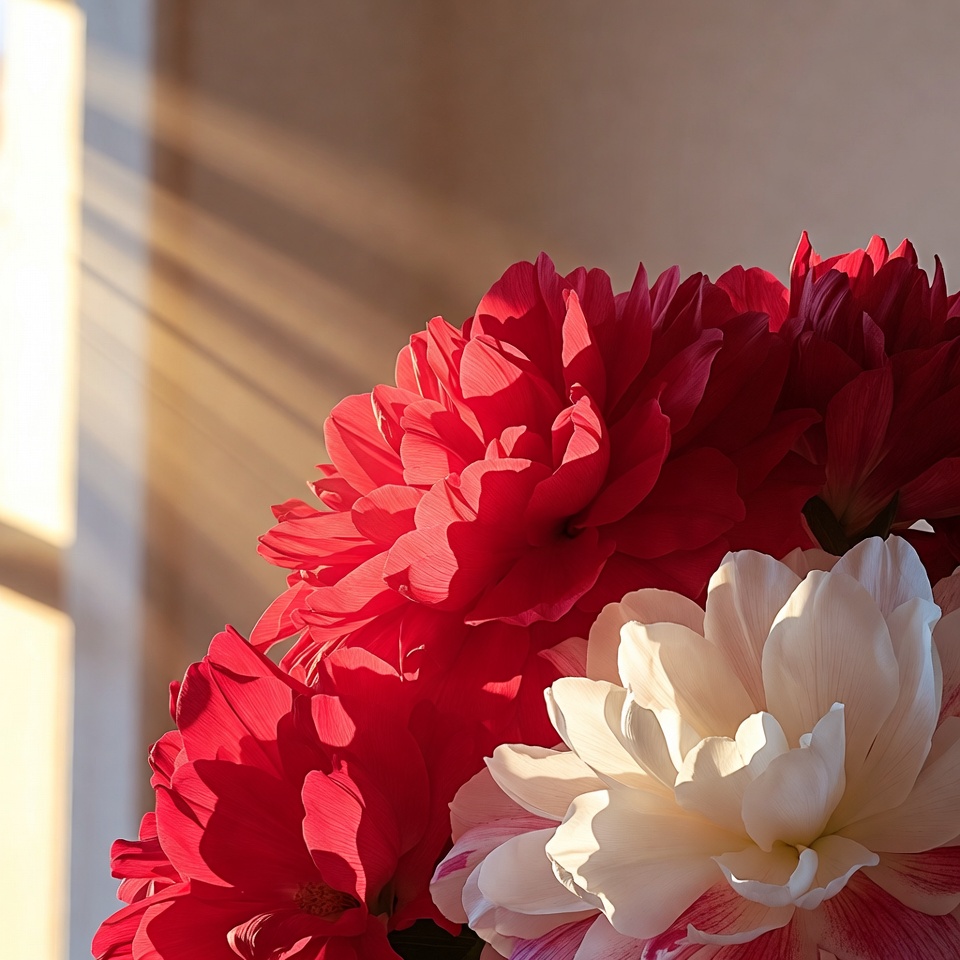 Red and White Dahlias in Sunlight Red and White Dahlias in Sunlight