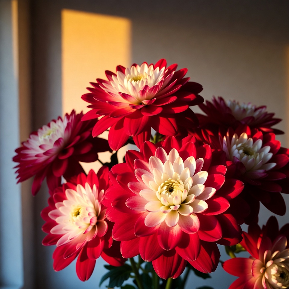 Red White Dahlia Bouquet in Sunlight Red White Dahlia Bouquet in Sunlight
