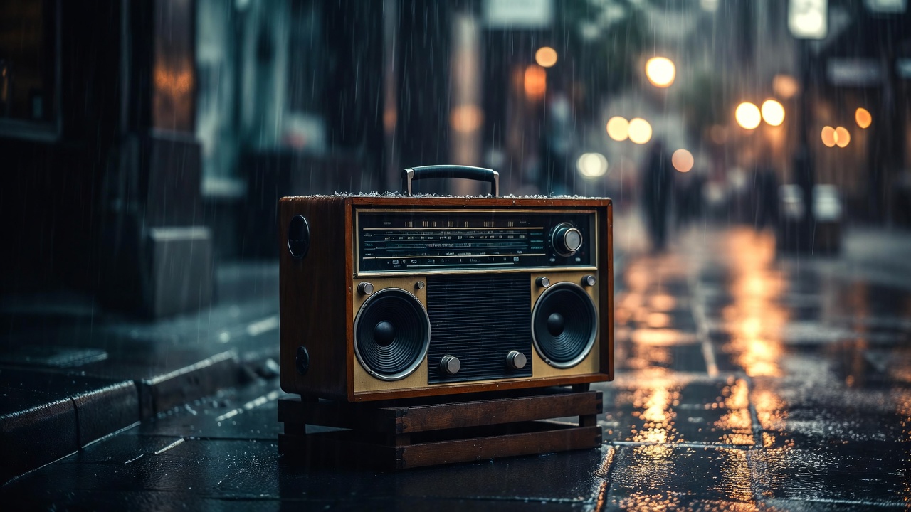 Vintage radio in rainy street Vintage radio in rainy street
