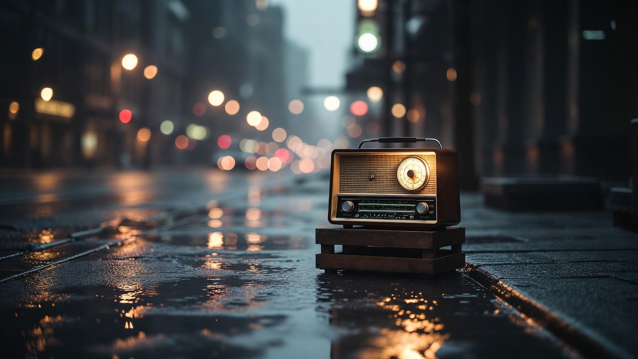Vintage radio on rainy street Vintage radio on rainy street