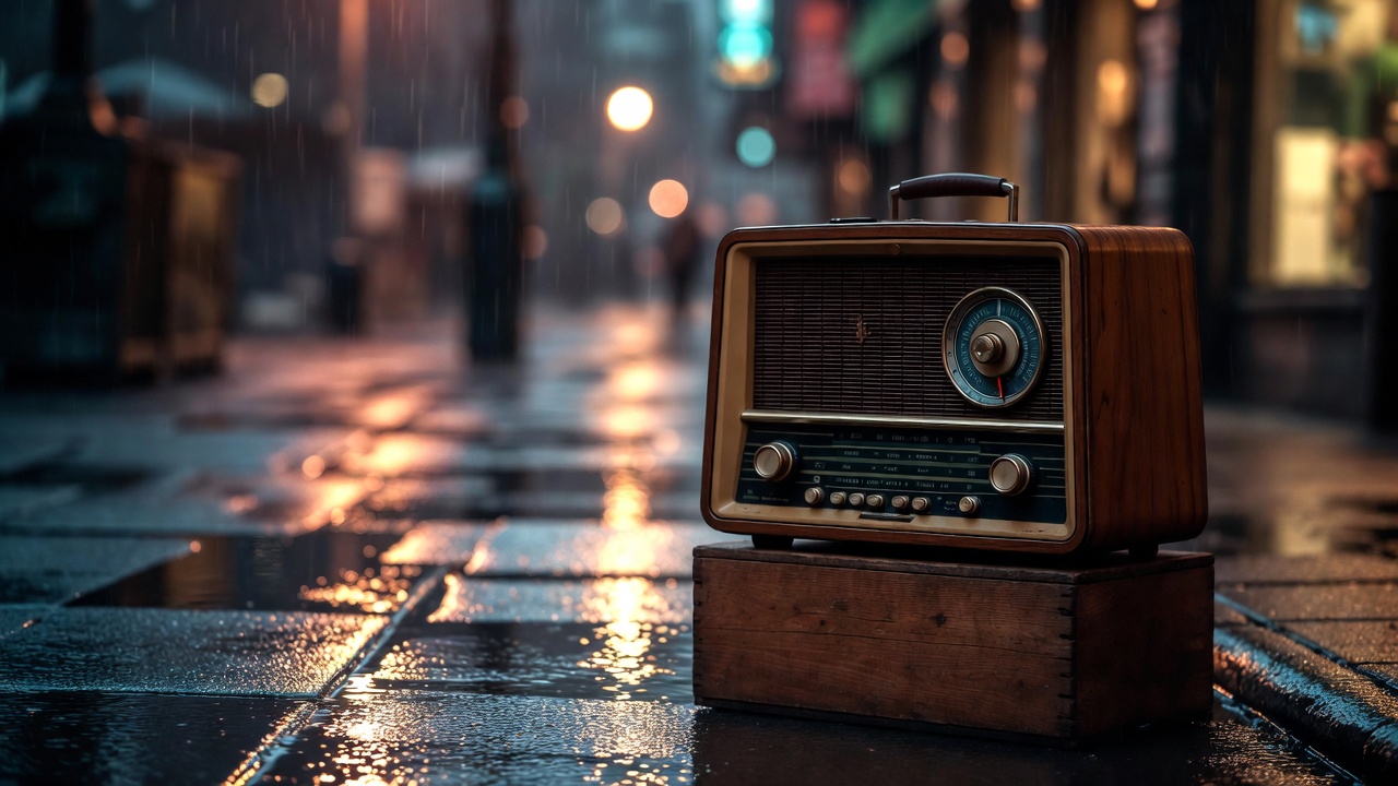 Vintage radio on rainy street Vintage radio on rainy street
