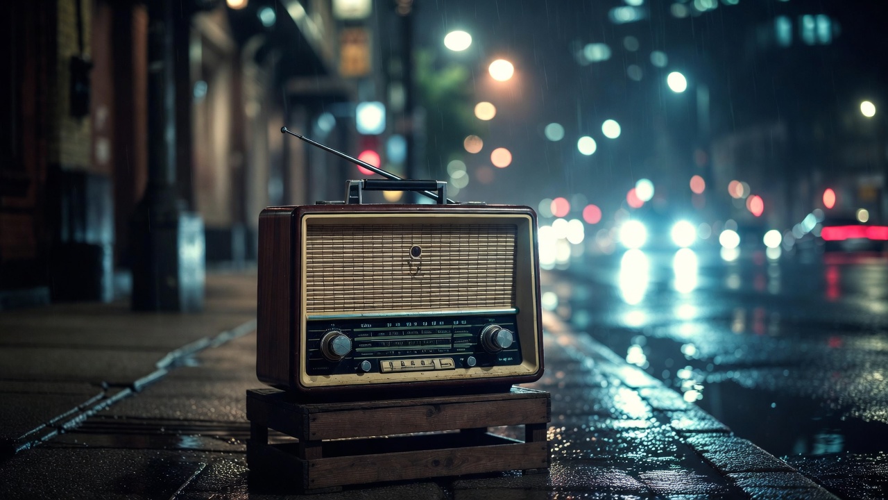 Vintage radio on wet night street Vintage radio on wet night street