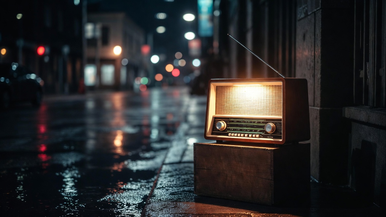 Vintage radio on rainy night street Vintage radio on rainy night street