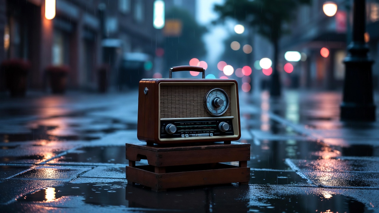 Vintage radio on rainy street Vintage radio on rainy street