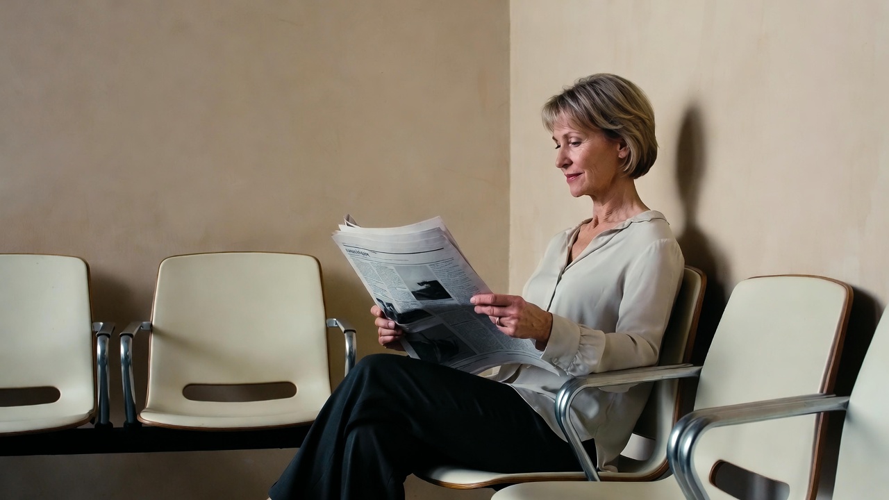 Senior woman reading newspaper in waiting room Senior woman reading newspaper in waiting room