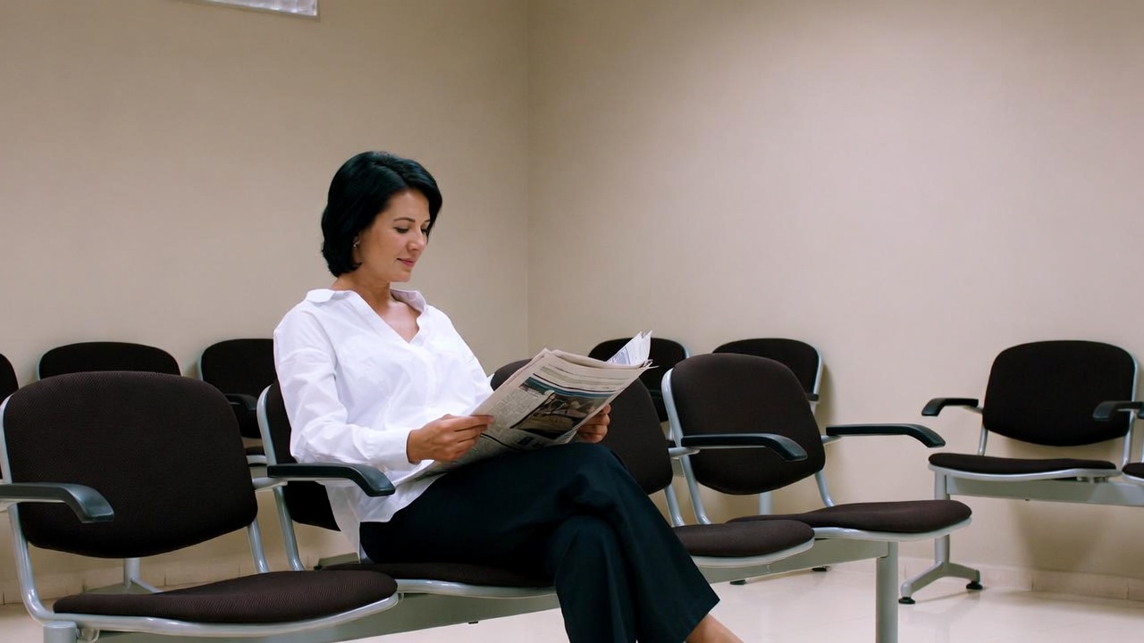 Woman reading newspaper in waiting room Woman reading newspaper in waiting room
