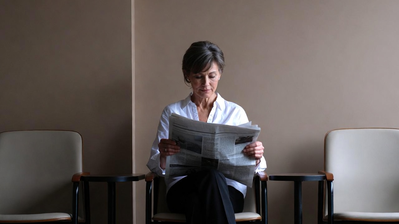 Elderly woman reading newspaper in waiting room Elderly woman reading newspaper in waiting room