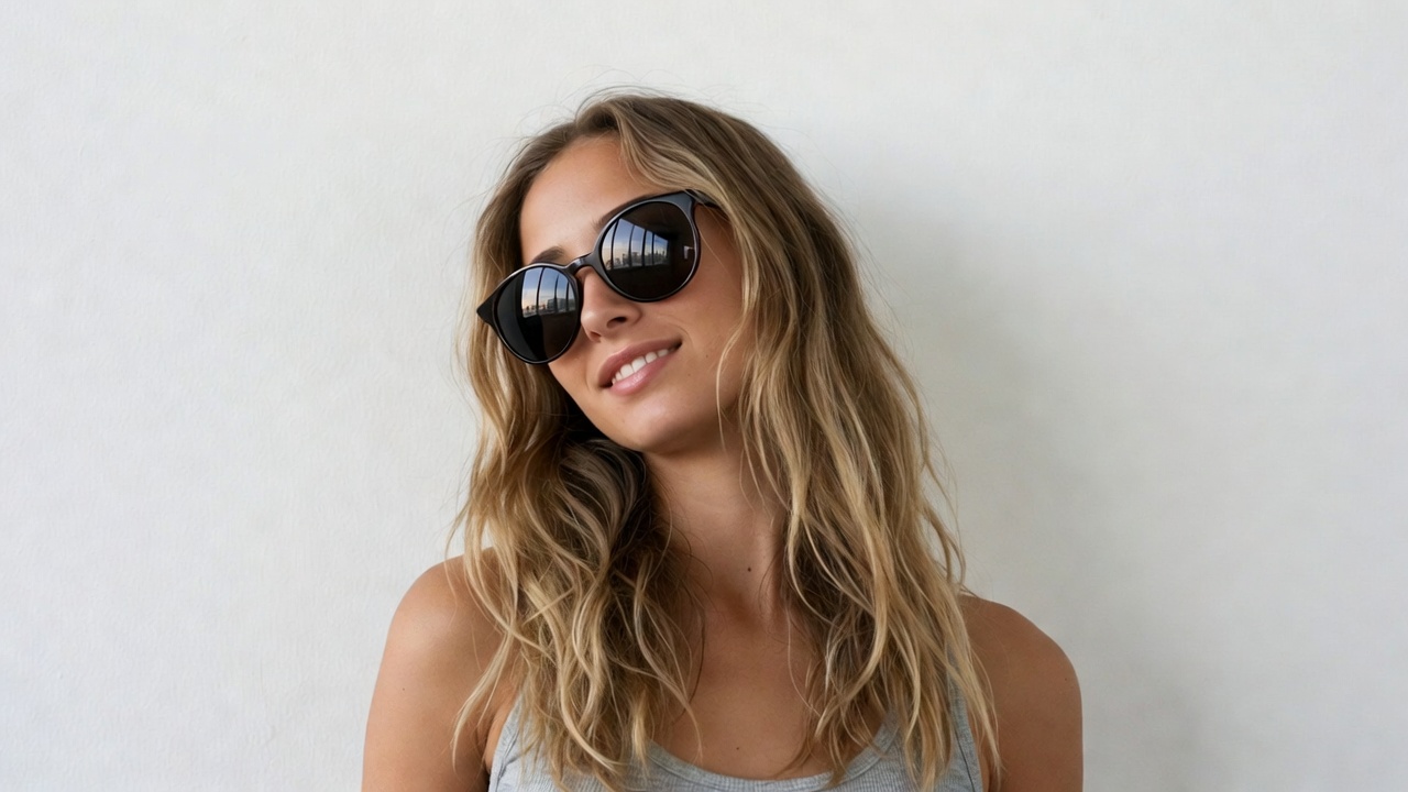 Woman in sunglasses against white wall Woman in sunglasses against white wall