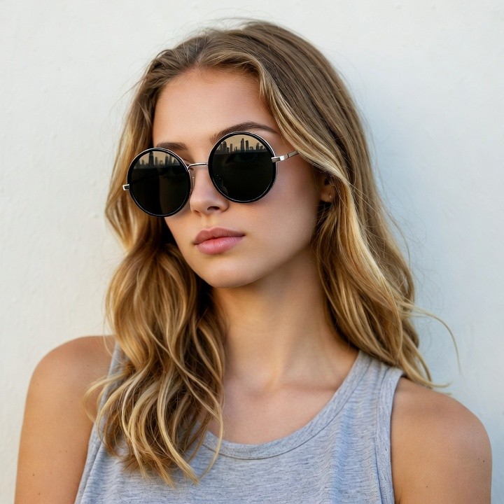 Woman wearing black round sunglasses Woman wearing black round sunglasses