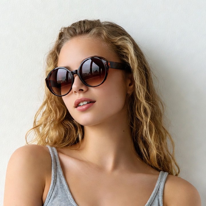 Blonde woman wearing round sunglasses Blonde woman wearing round sunglasses