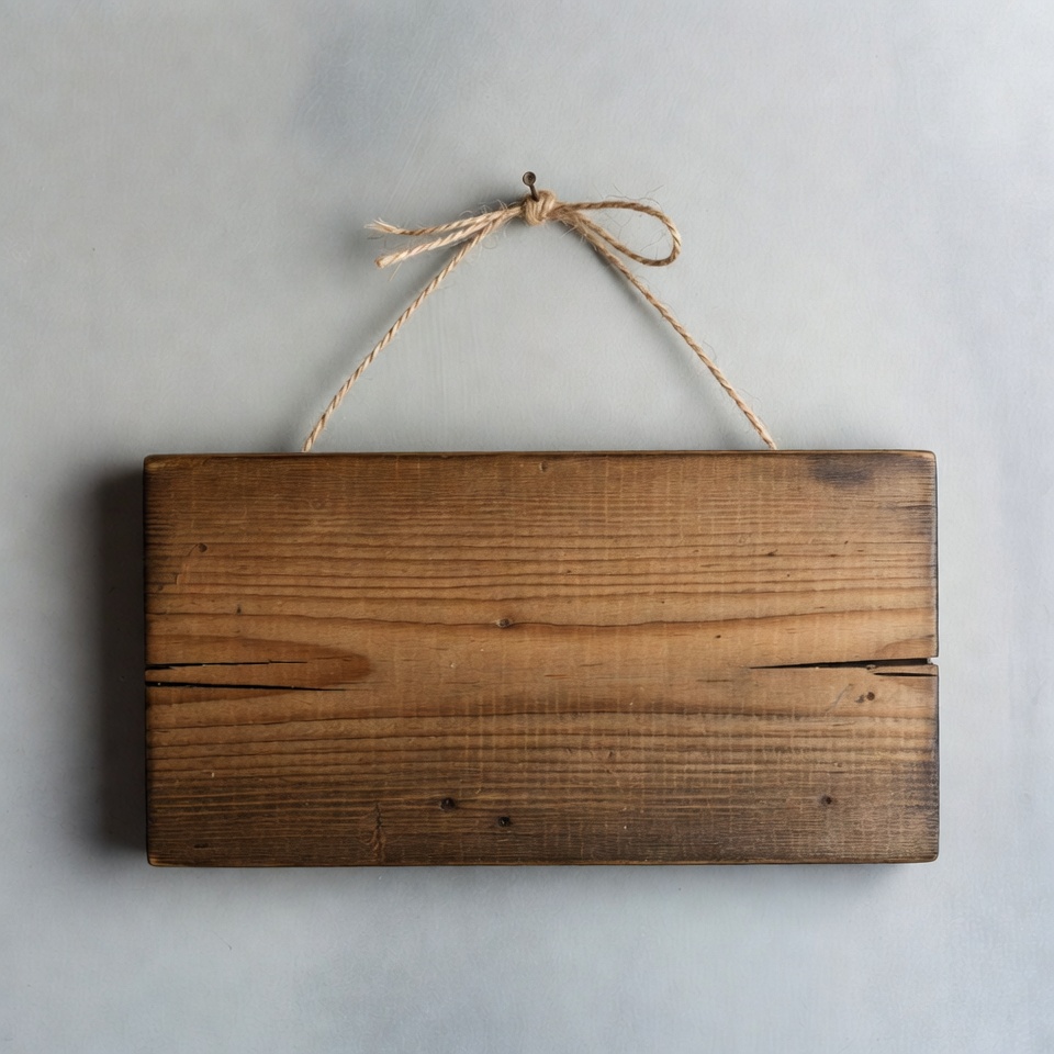 Blank wooden sign hanging by twine Blank wooden sign hanging by twine