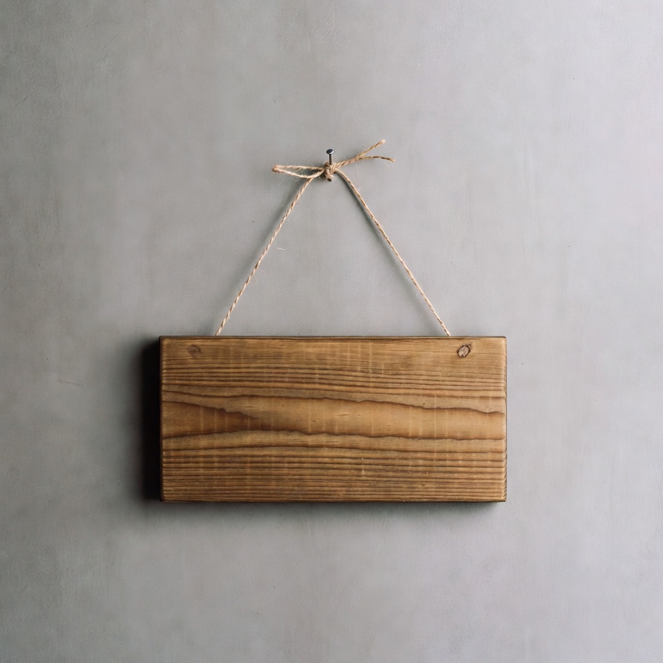 Wooden sign hanging on gray background Wooden sign hanging on gray background