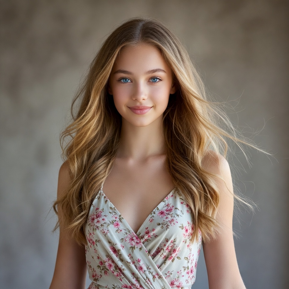 Teen girl in floral dress smiling Teen girl in floral dress smiling