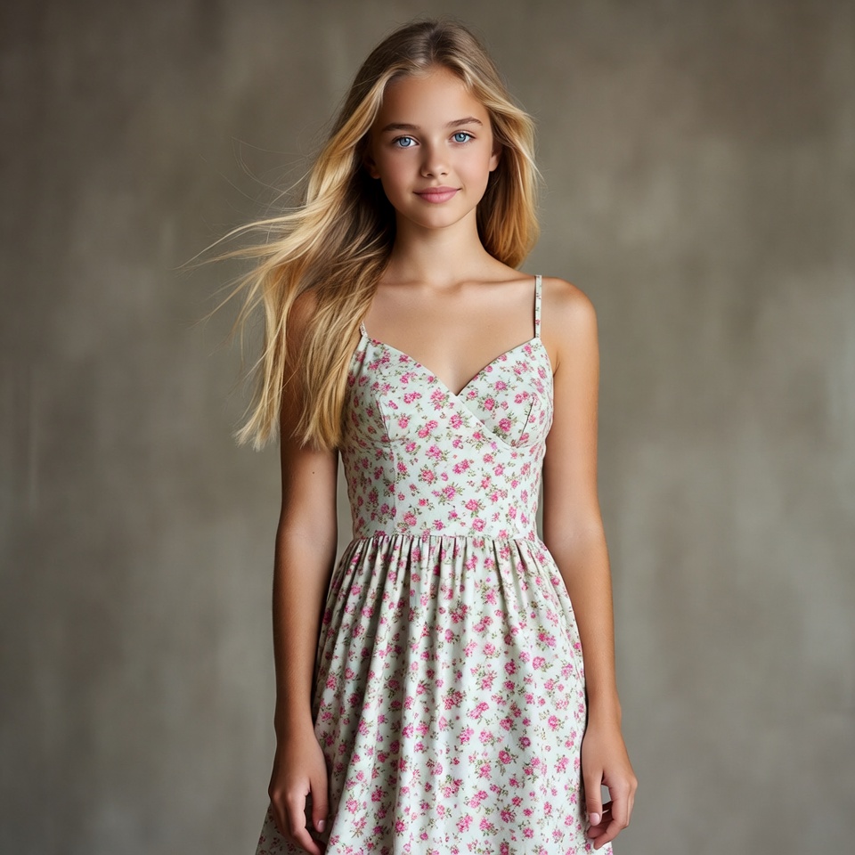 Teen girl in pink floral dress Teen girl in pink floral dress
