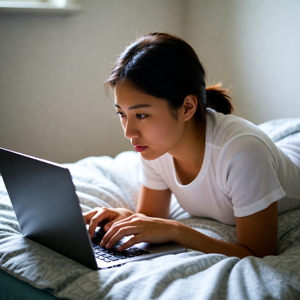 Asian woman using laptop on bed Asian woman using laptop on bed