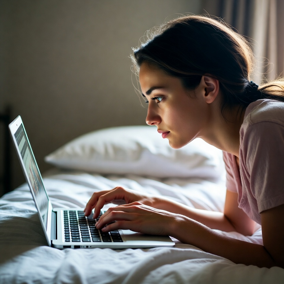 Woman typing on laptop in bed Woman typing on laptop in bed