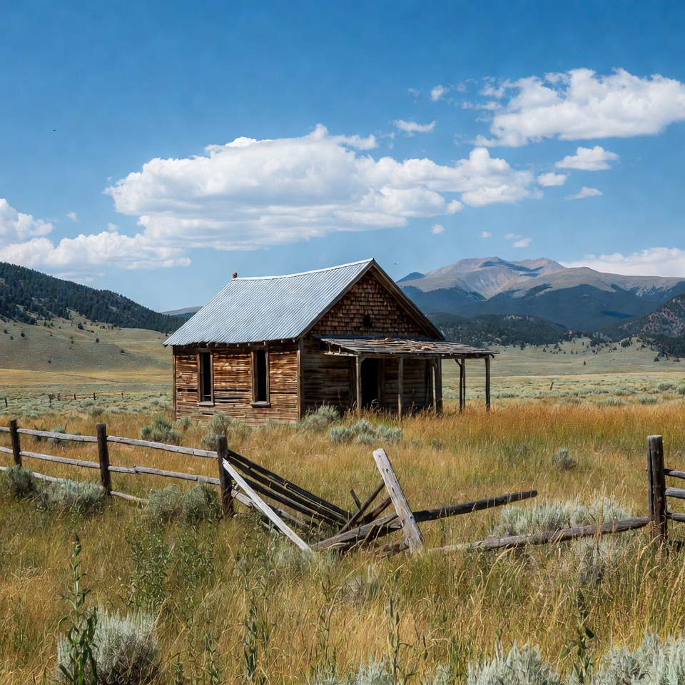 Abandoned Wooden Cabin in Mountain Meadow Abandoned Wooden Cabin in Mountain Meadow