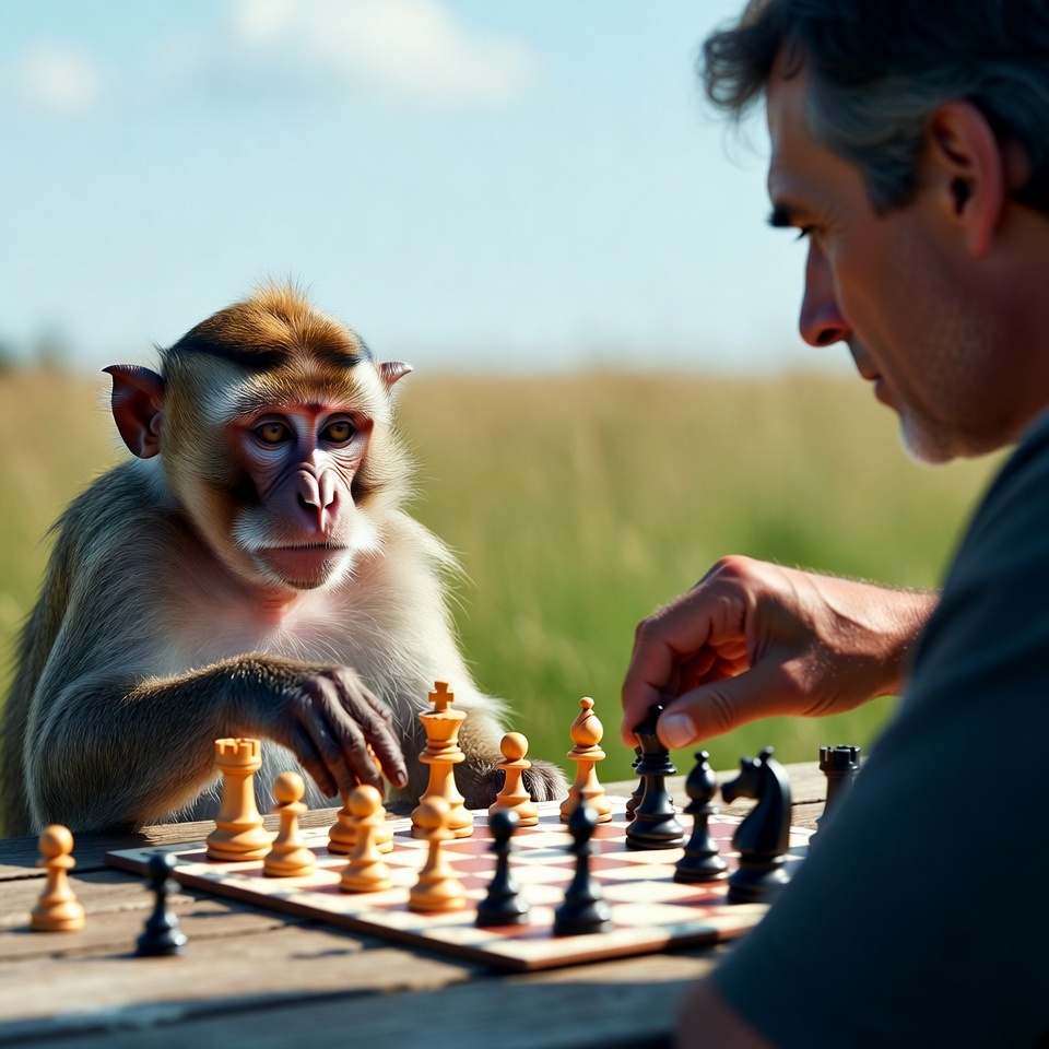 Man playing chess with monkey Man playing chess with monkey